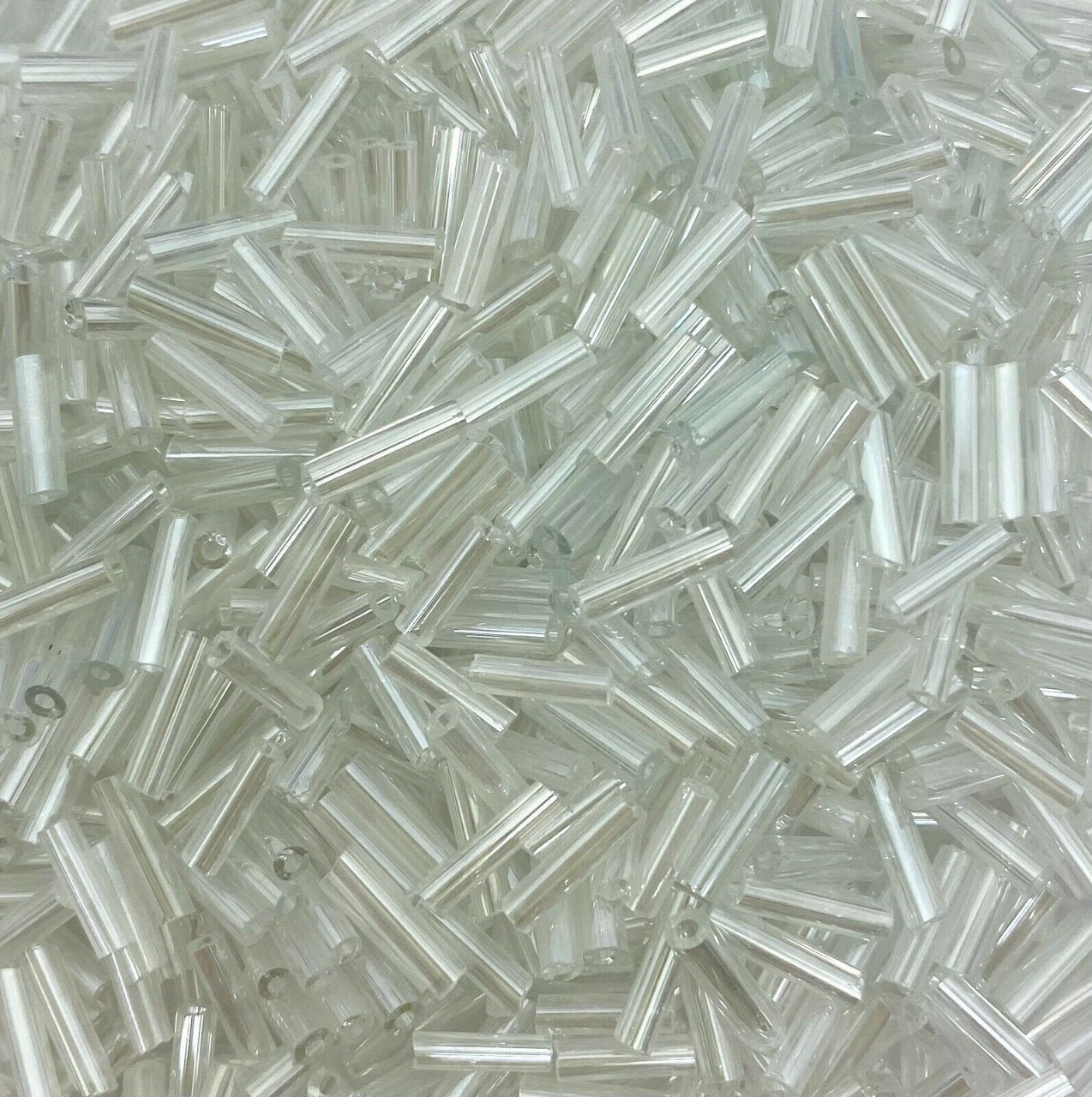 50g glass bugle beads - White Transparent Lustred - 6mm tubes, jewellery making