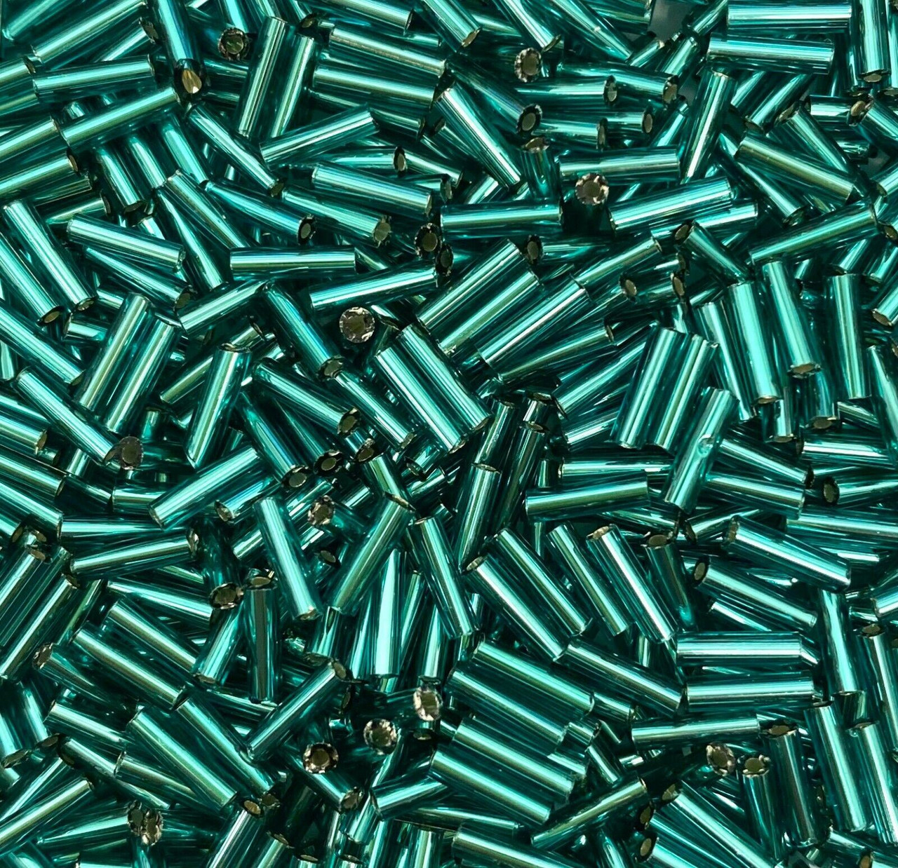 50g glass bugle beads - Teal Silver-Lined - approx 6mm