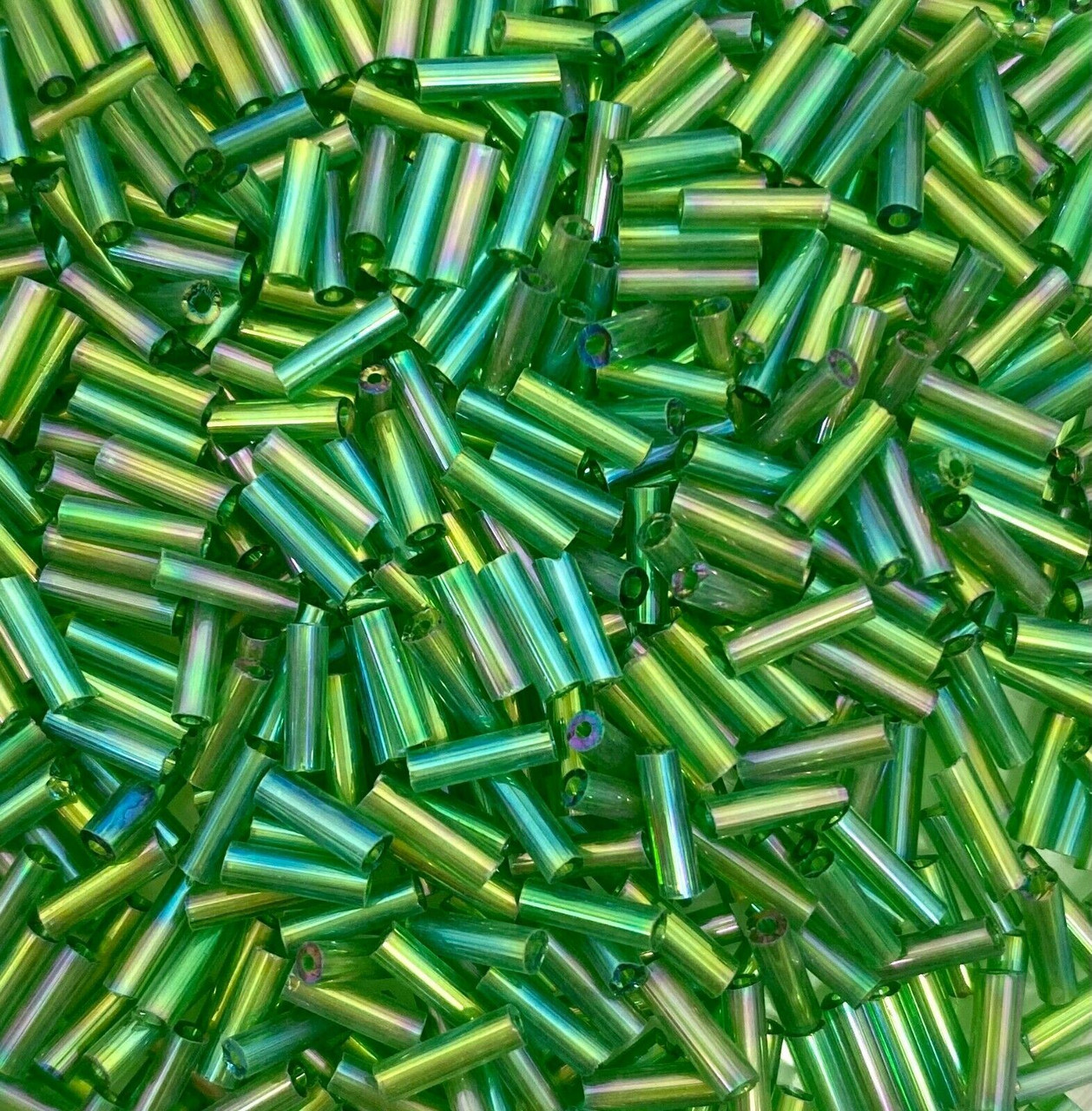 50g glass bugle beads - Green Rainbow - approx 6mm tubes, jewellery making