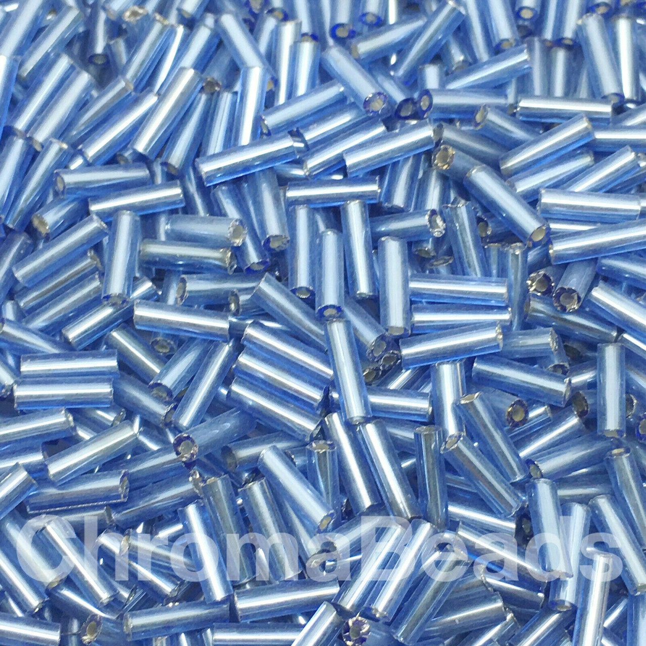 50g glass bugle beads - Light Blue Silver-Lined - approx 6mm