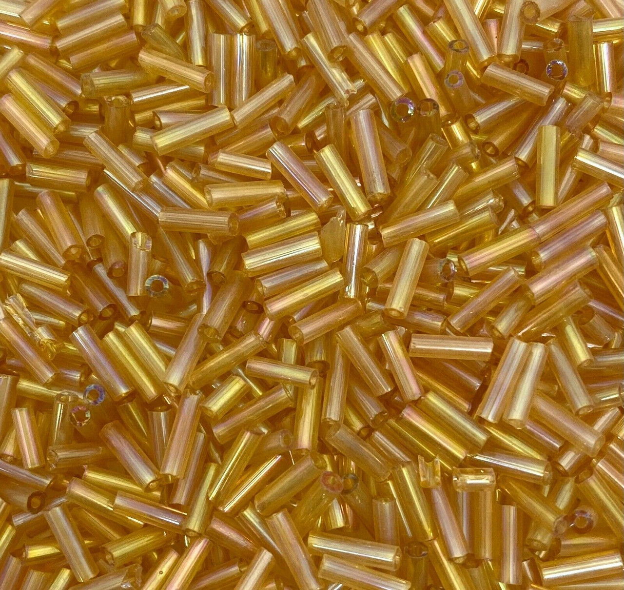 50g glass bugle beads - Pale Gold Rainbow - approx 6mm tubes, craft, jewellery