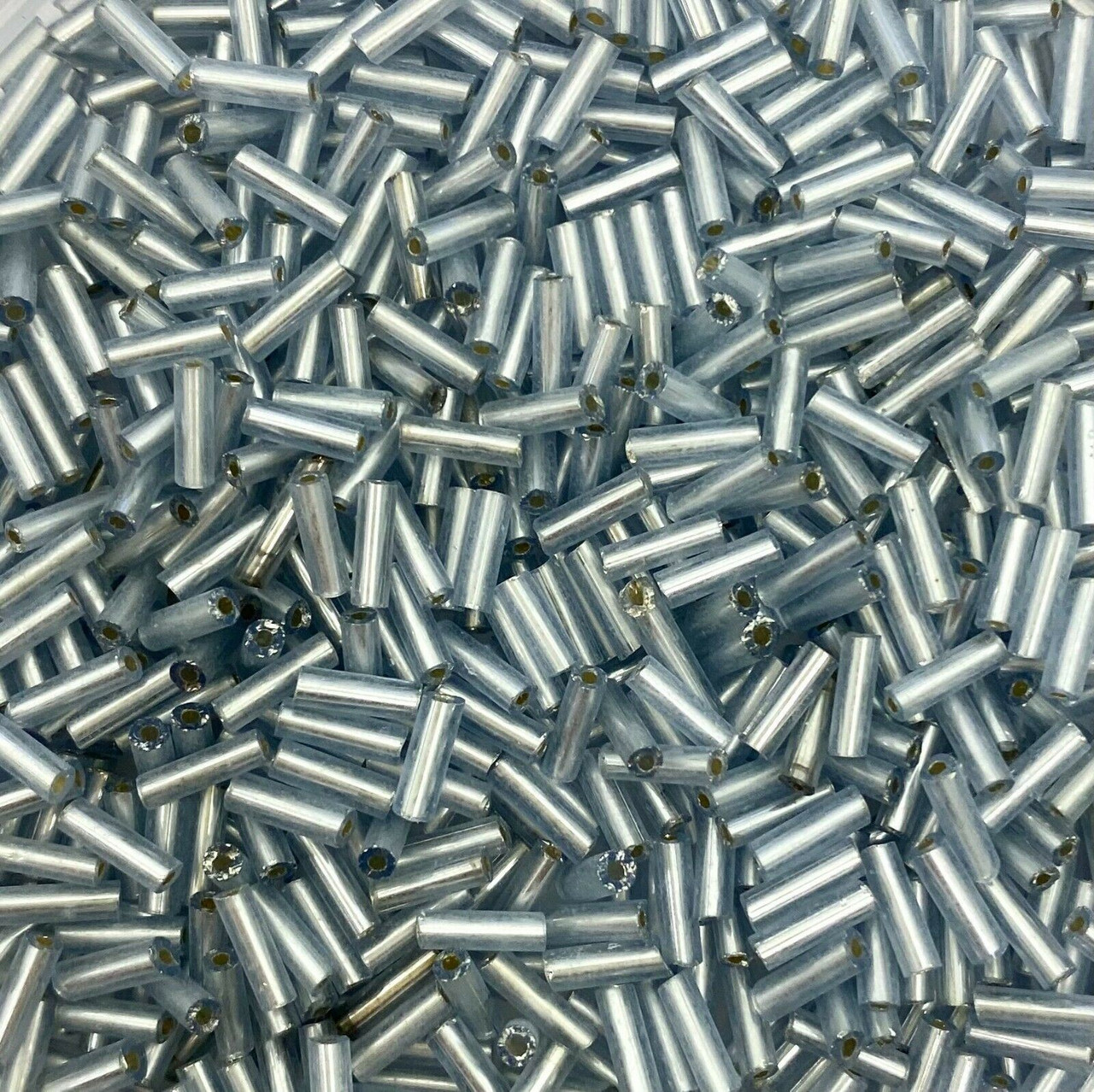 50g glass bugle beads - Light Grey Silver-Lined - approx 6mm