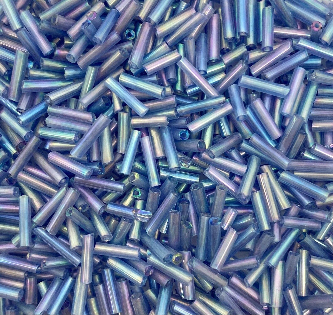 50g glass bugle beads - Mid Blue Rainbow - approx 6mm tubes, jewellery making