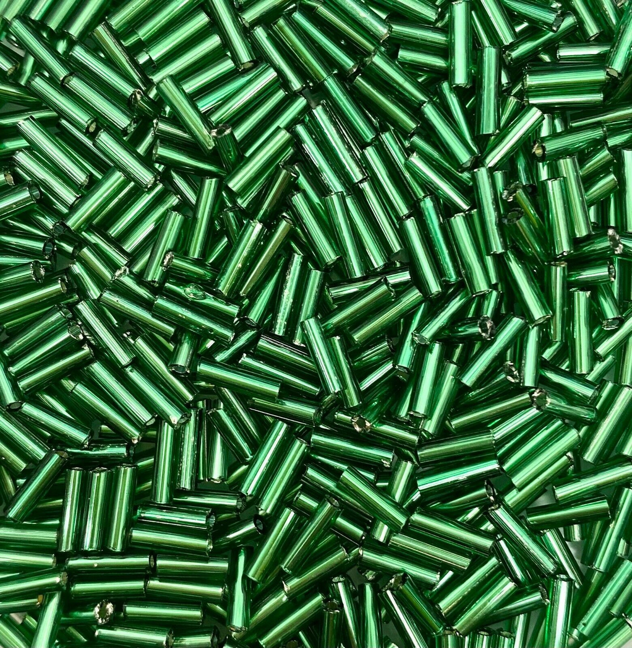 50g glass bugle beads - Dark Green Silver-Lined - approx 6mm