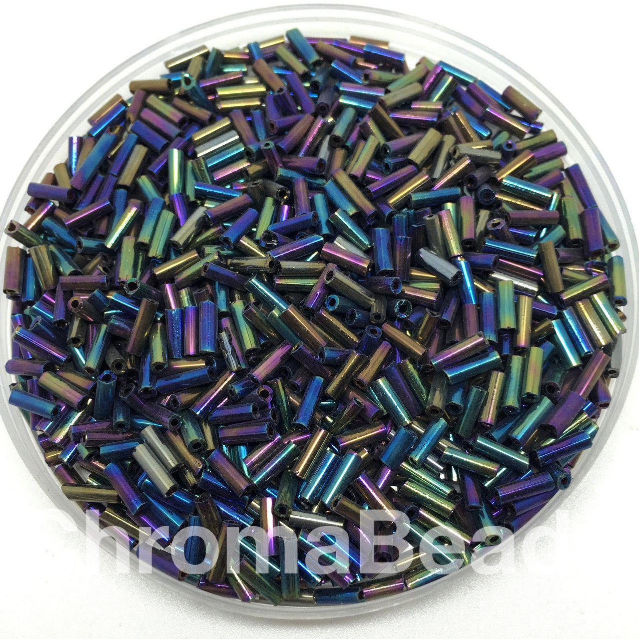 50g glass bugle beads - Multicolour Iris - approx 6mm tubes, metallic rainbow