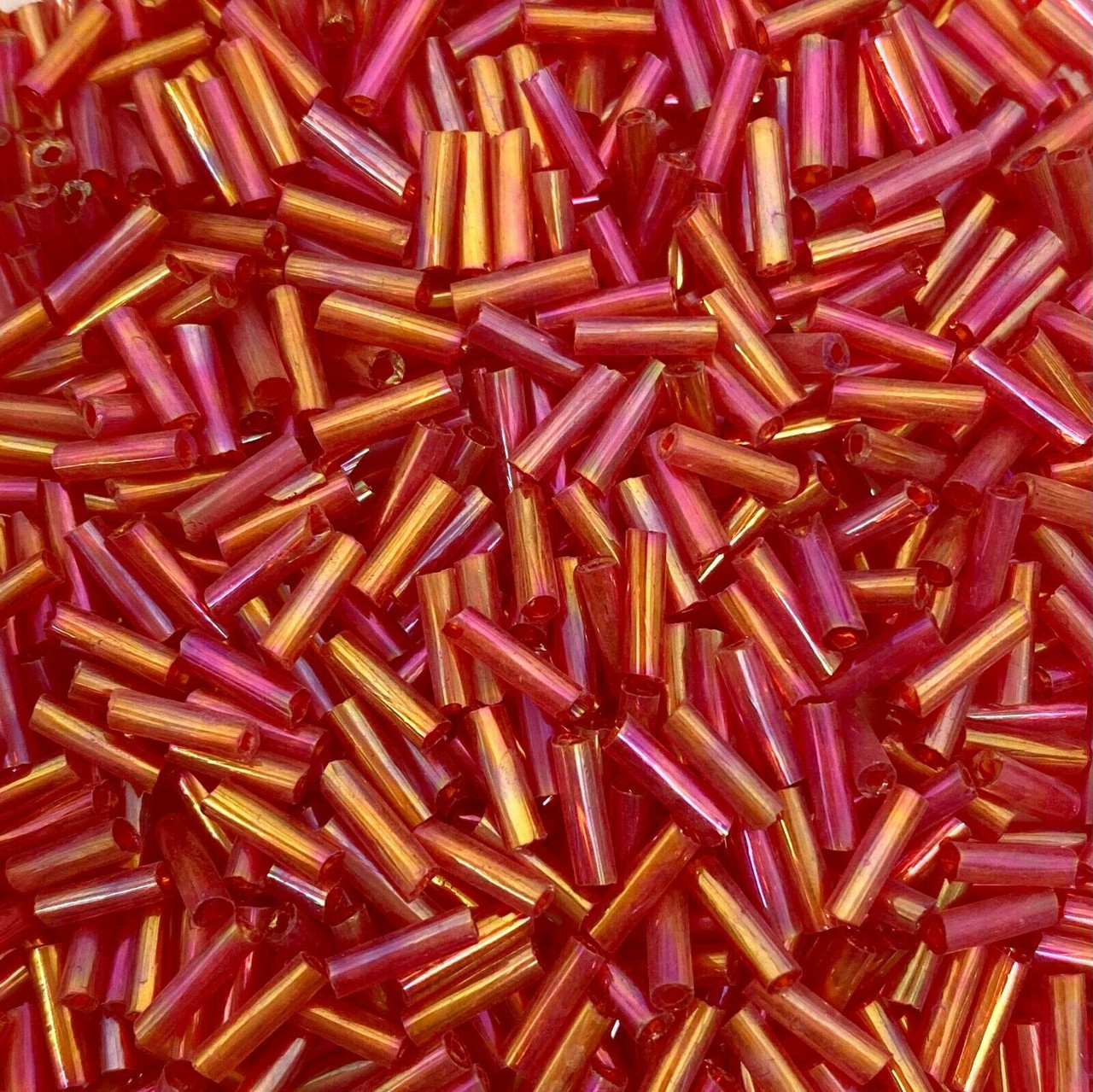50g glass bugle beads - Red Rainbow - approx 6mm tubes, jewellery making