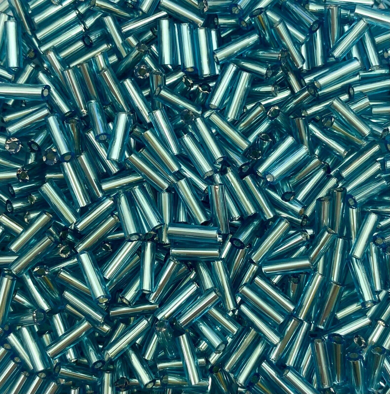 50g glass bugle beads - Aqua Silver-Lined - approx 6mm