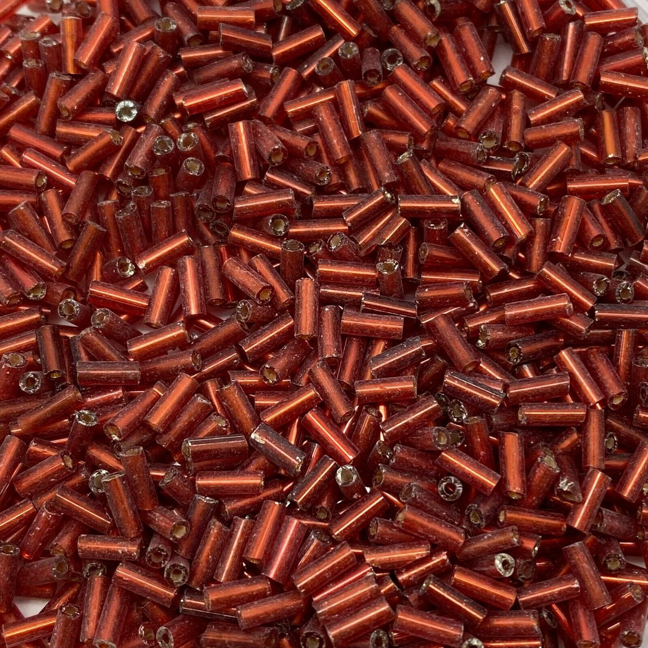 50g glass bugle beads - Crimson Silver-Lined - approx 6mm