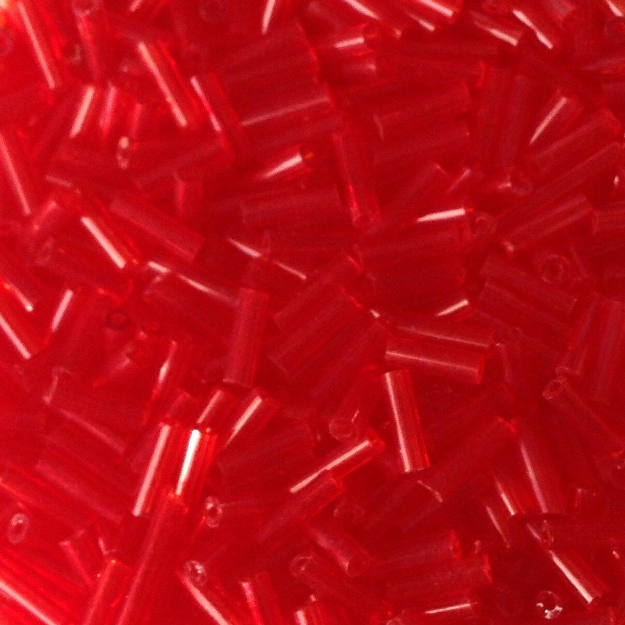 50g glass bugle beads - Red Transparent - approx 6mm tubes