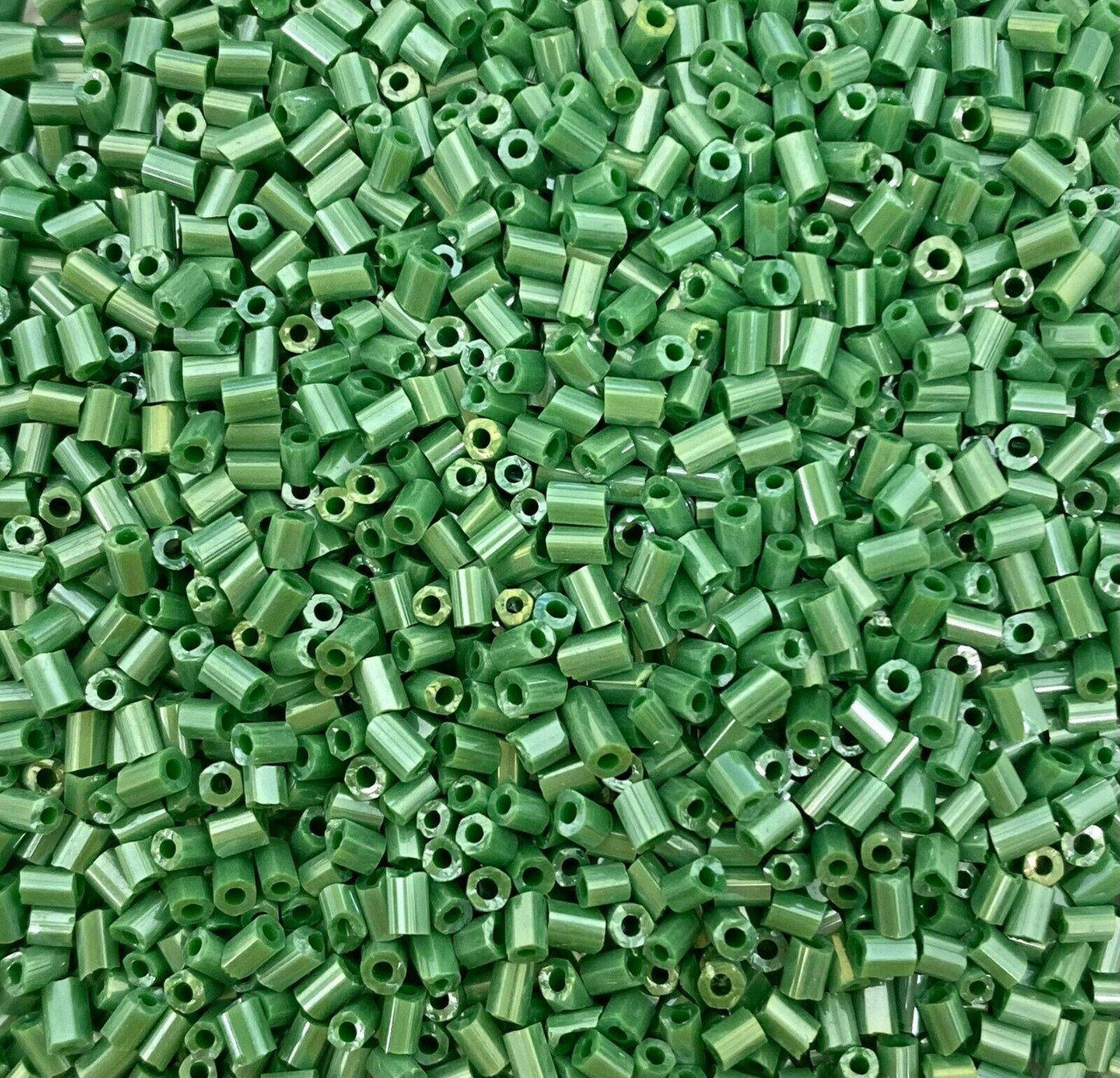 50g glass HEX seed beads - Green Opaque Lustred - size 11/0 (approx 2mm)