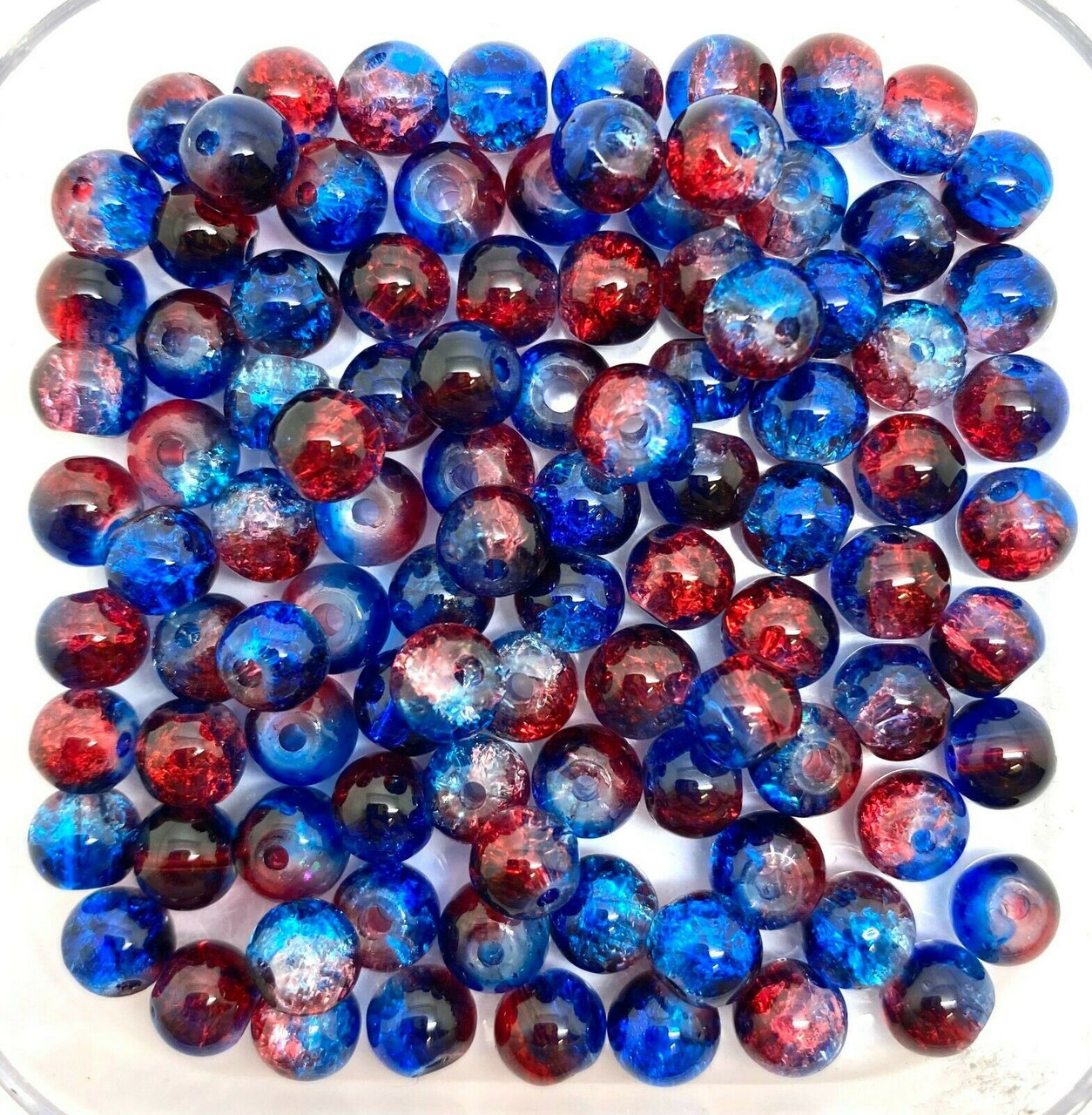 6mm Crackle Glass Beads - Red & Blue, 100 beads