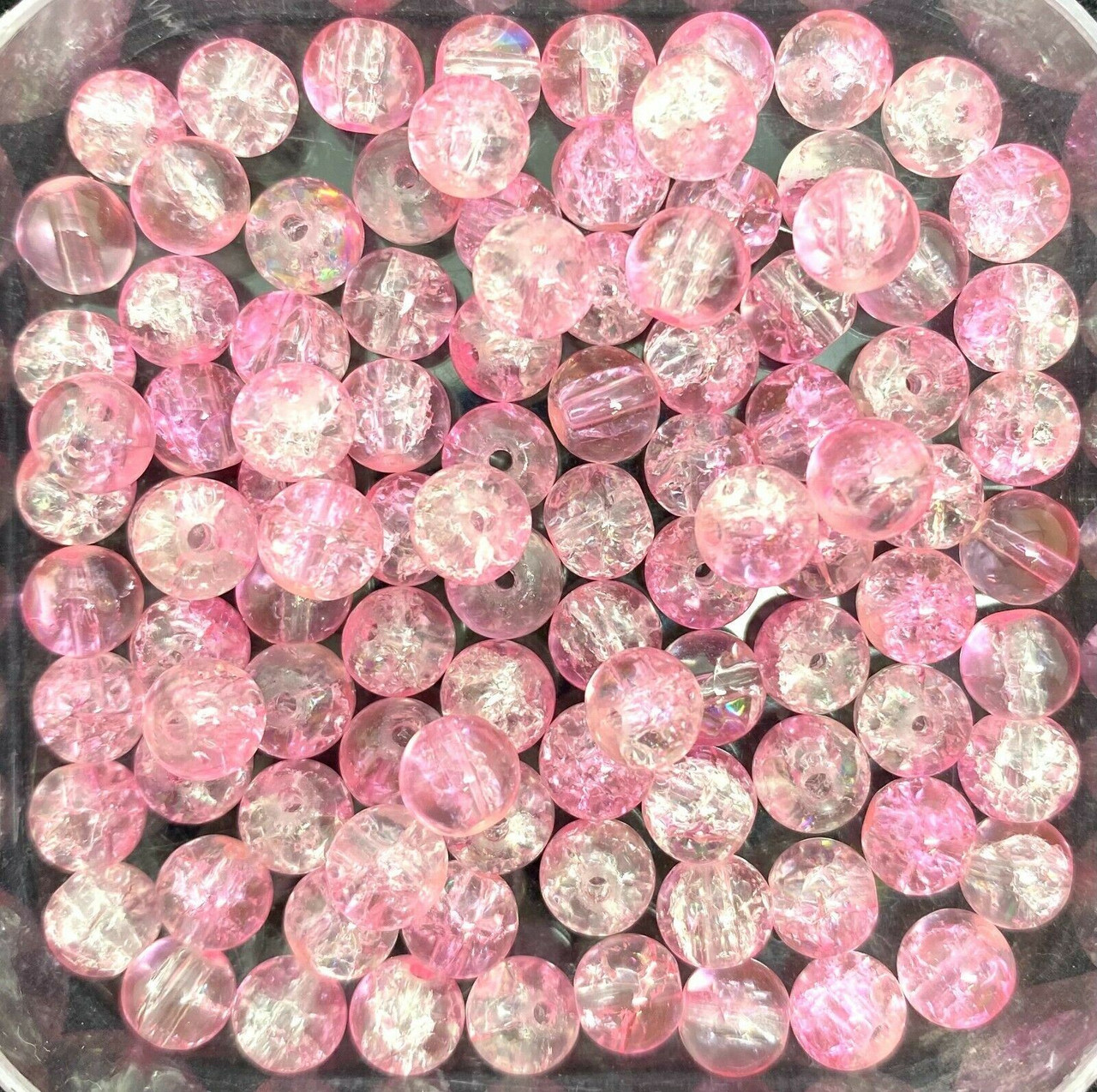 6mm Crackle Glass Beads - Pink & Clear, 100 beads