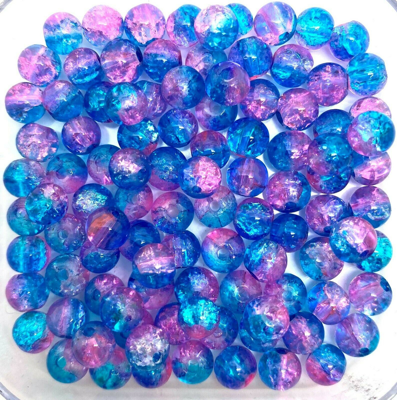 6mm Crackle Glass Beads - Pink & Blue, 100 beads