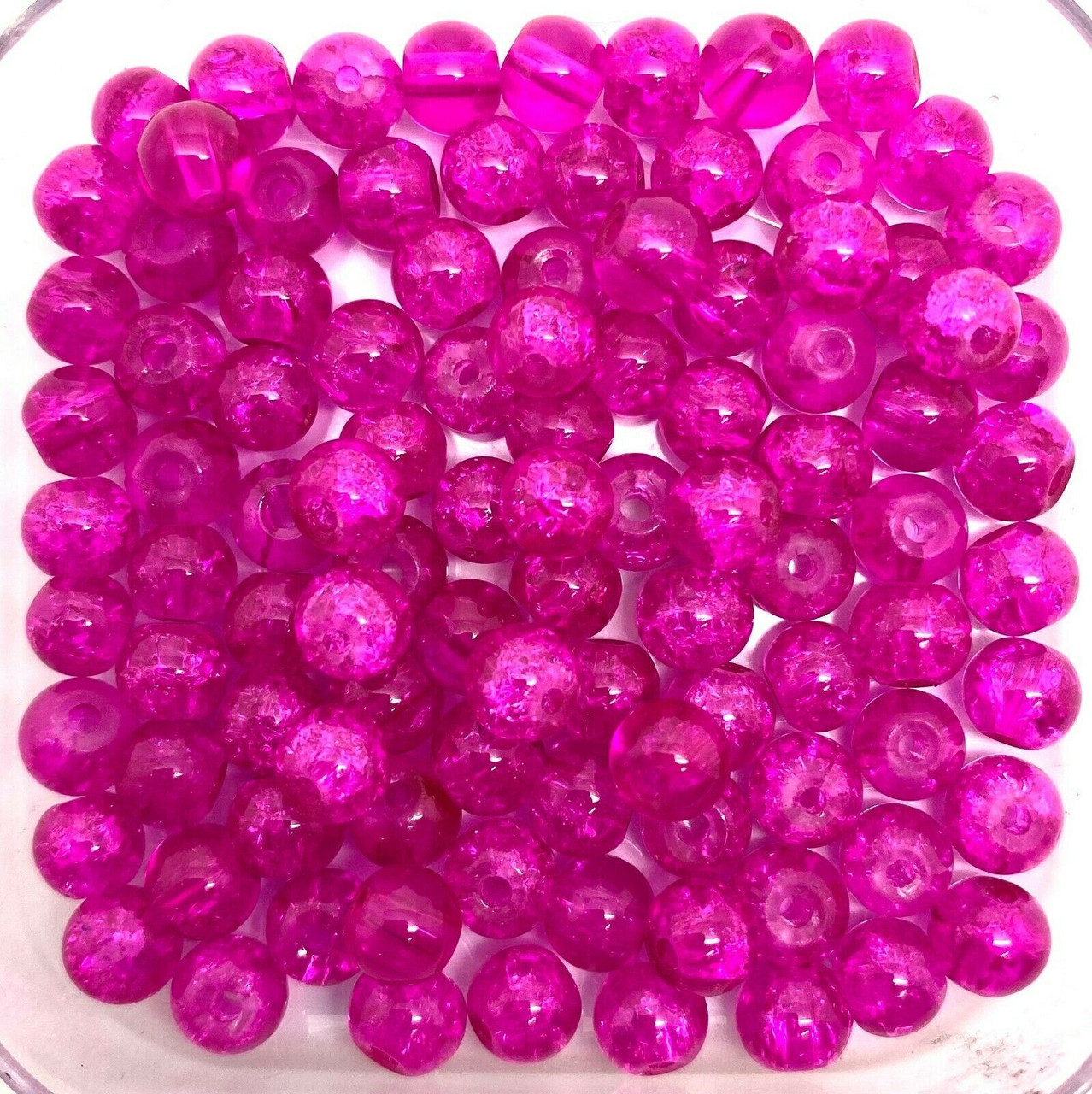 8mm Crackle Glass Beads - Hot Pink, 50 beads