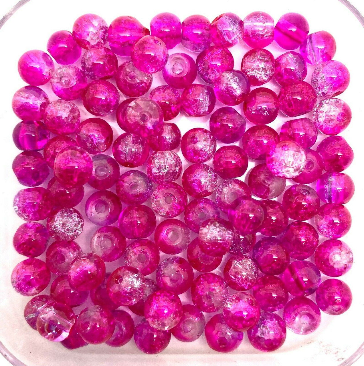 8mm Crackle Glass Beads - Hot Pink & Clear, 50 beads