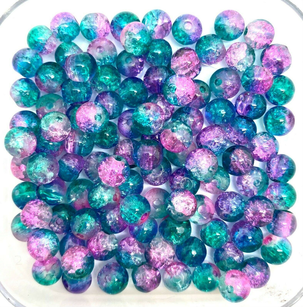 8mm Crackle Glass Beads - Pink & Teal, 50 beads