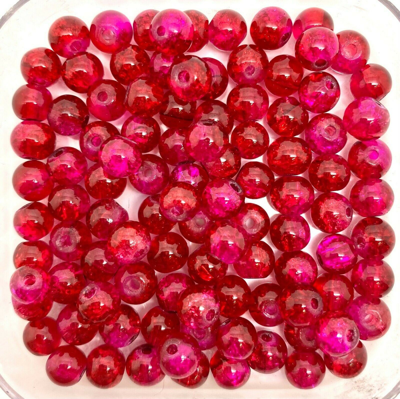 8mm Crackle Glass Beads - Red & Hot Pink, 50 beads