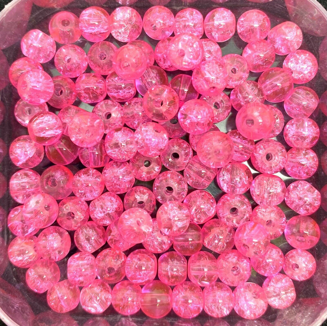 10mm Crackle Glass Beads - Candy Pink, 40 beads