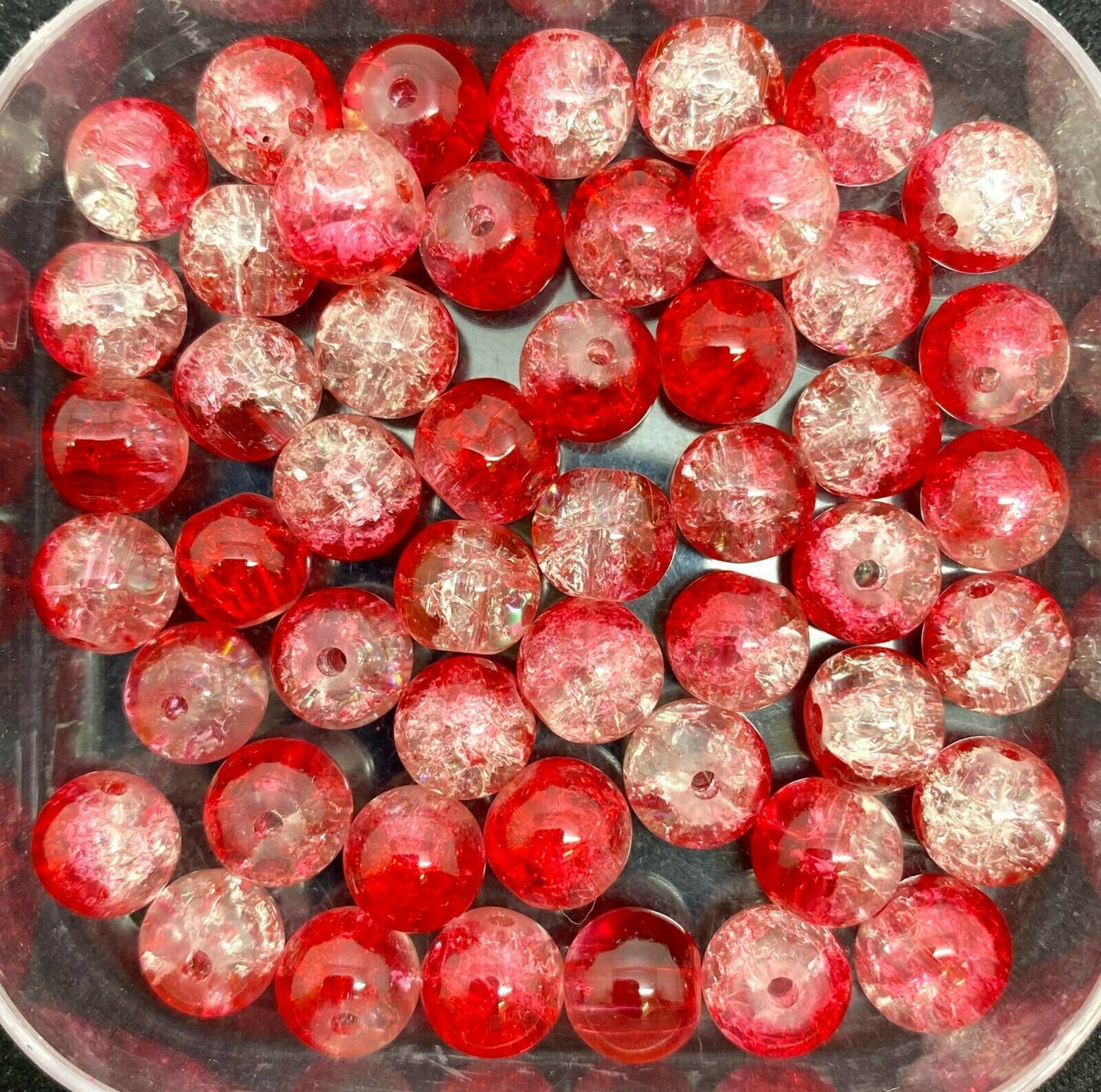 10mm Crackle Glass Beads - Red & Clear, 40 beads