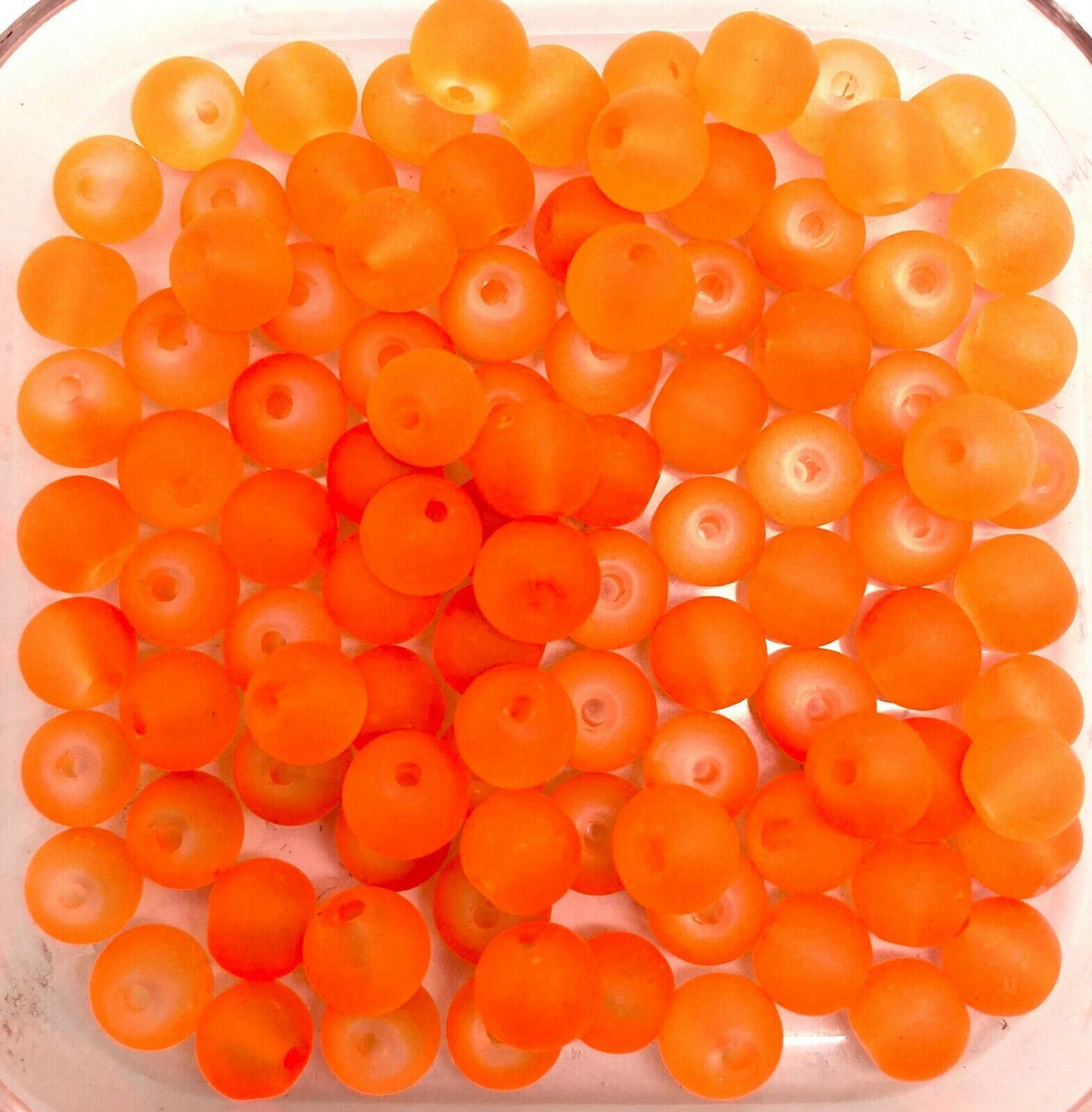 8mm Frosted Glass Beads - Orange-Red, approx 50 beads