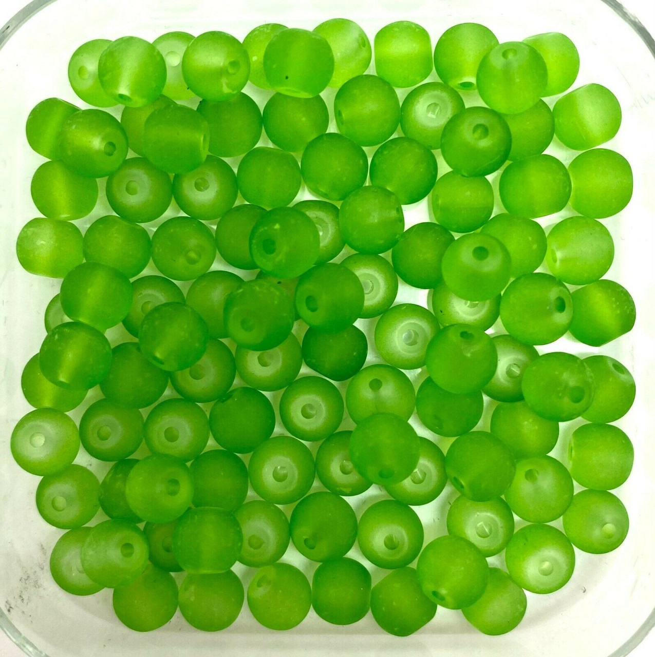 8mm Frosted Glass Beads - Grass Green, approx 50 beads