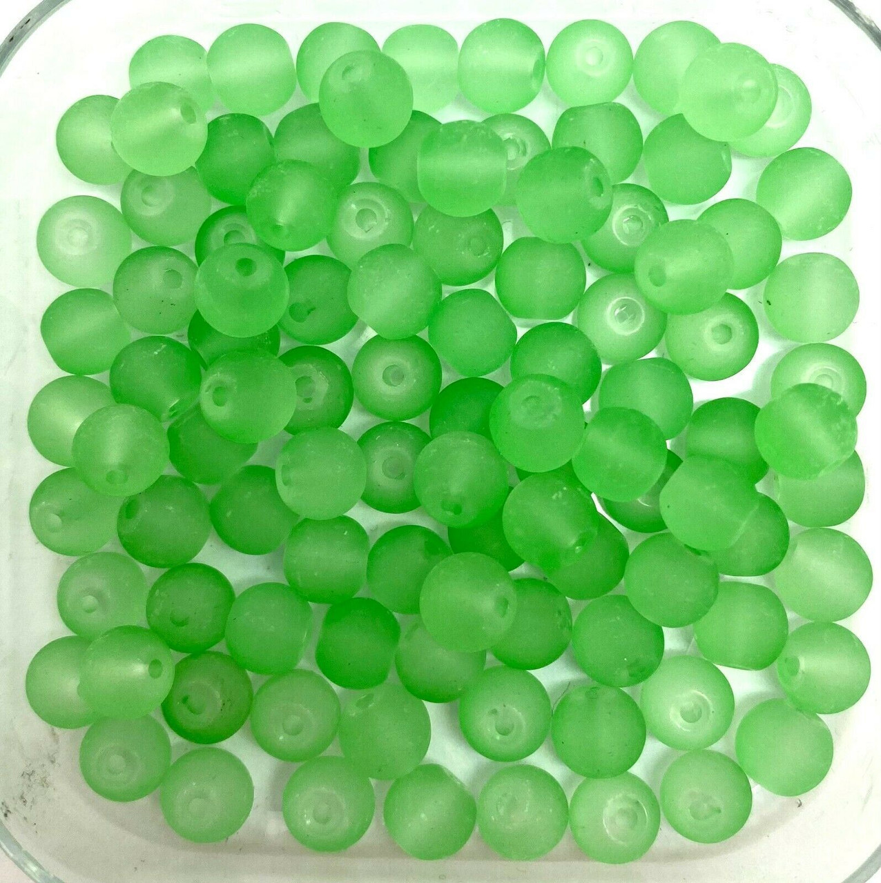 8mm Frosted Glass Beads - Light Green, approx  50 beads