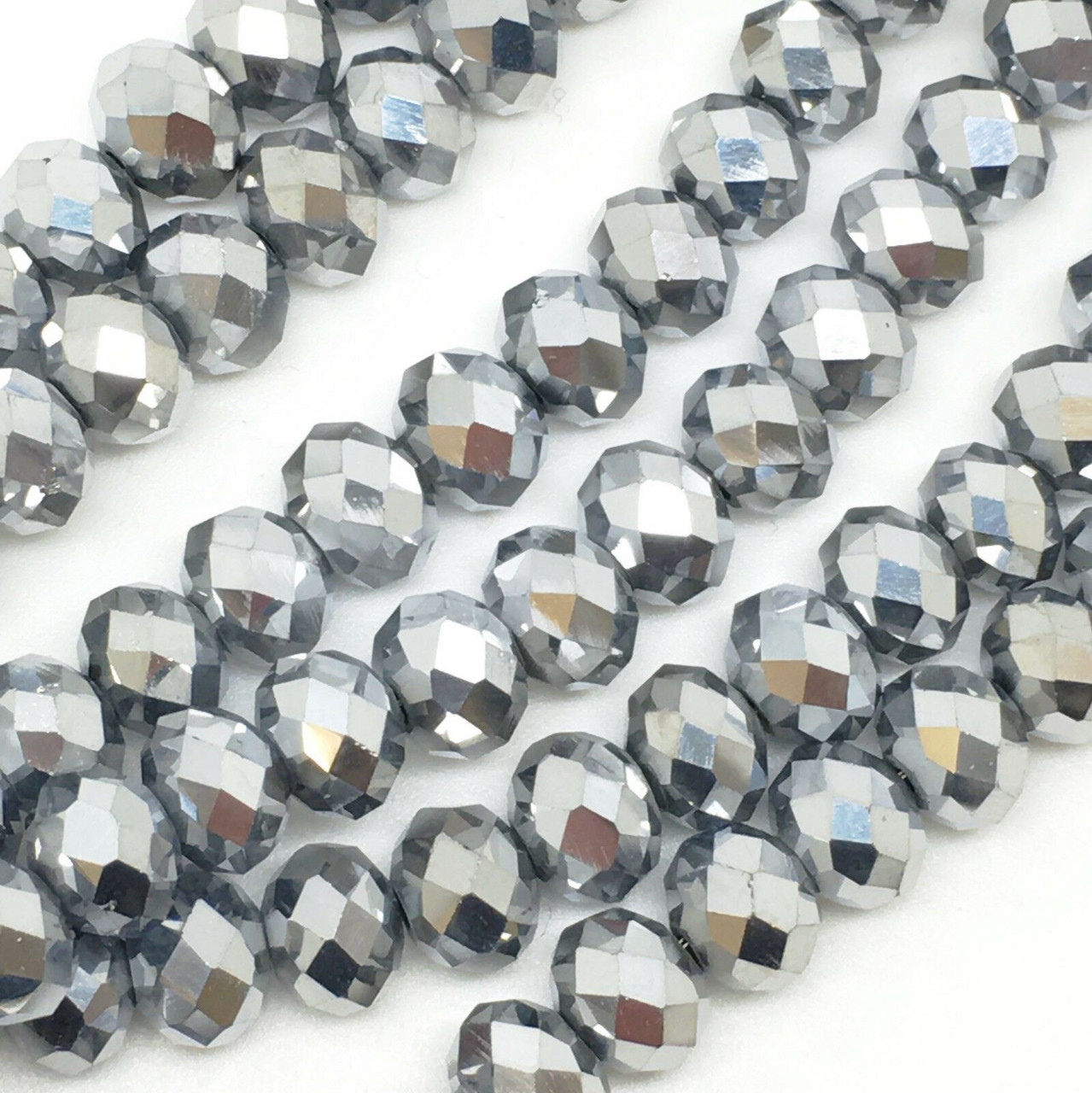 Silver Metallic 12x9mm Faceted Glass Rondelles
