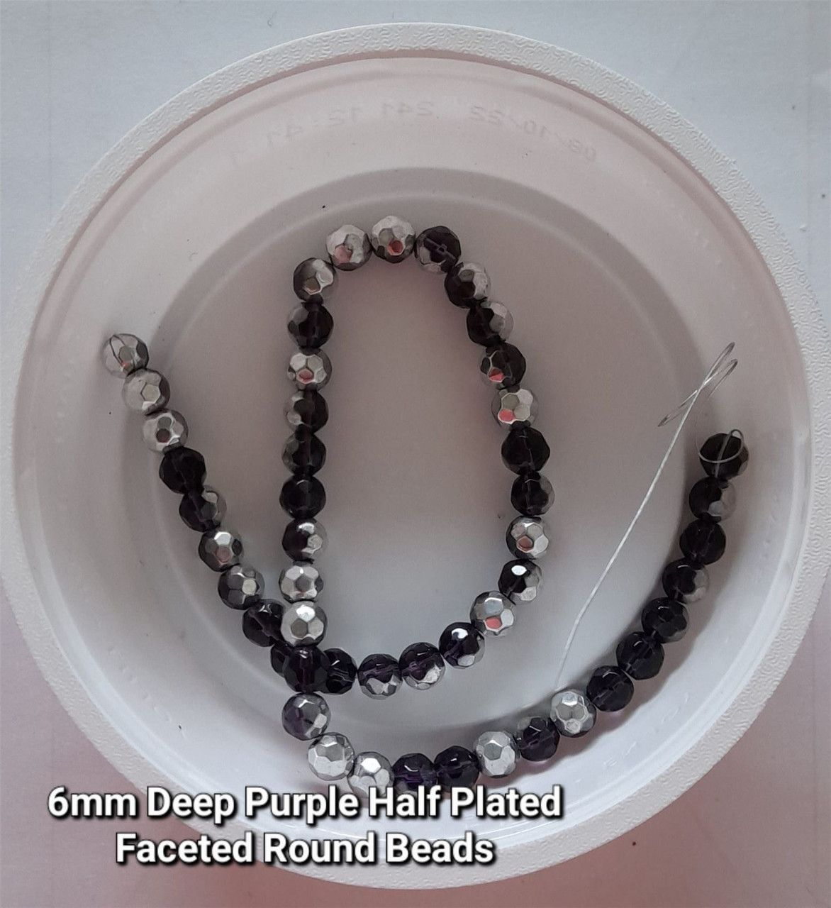 Strand of faceted round glass beads - approx 6mm, Deep Purple Half-Plated Silver, approx 50 beads, 12in