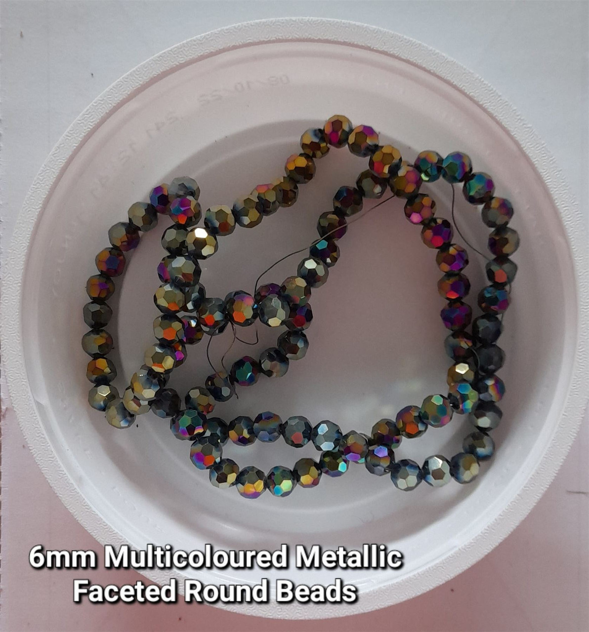 Strand of faceted round glass beads - approx 6mm, Multicolour Metallic, approx 50 beads, 12in
