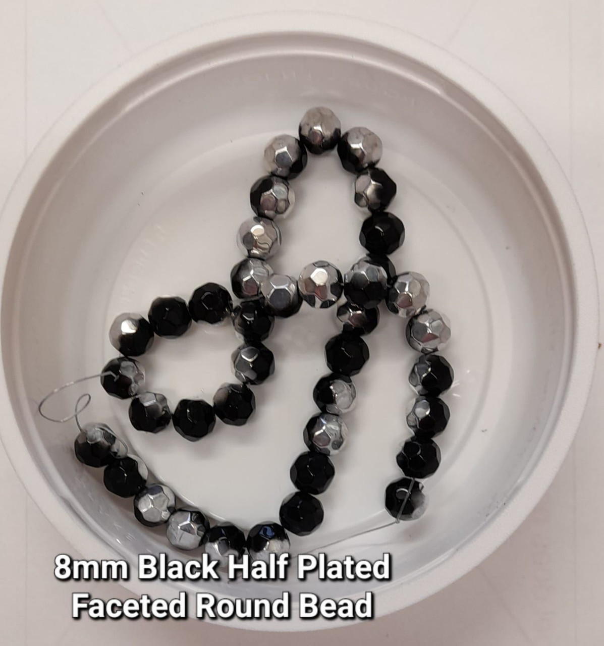 Strand of faceted round glass beads - approx 8mm, Black Half-Plated Silver, approx 40 beads, 12in