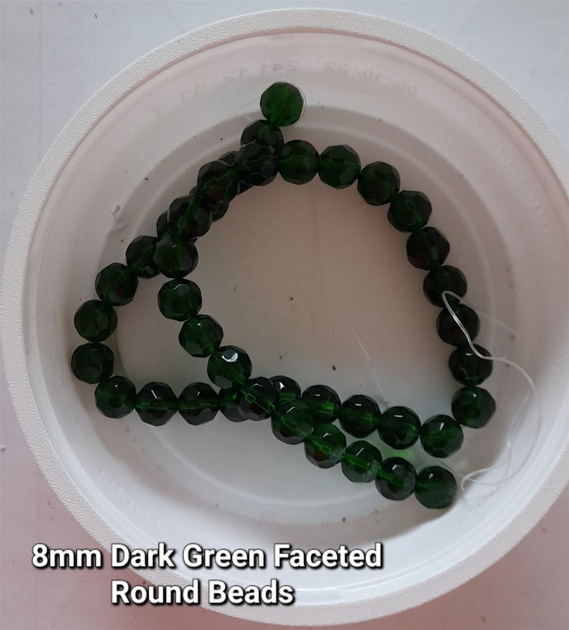 Strand of faceted round glass beads - approx 8mm, Dark Green, approx 40 beads, 12in