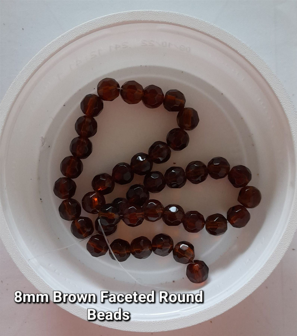 Strand of faceted round glass beads - approx 8mm, Brown, approx 40 beads, 12in