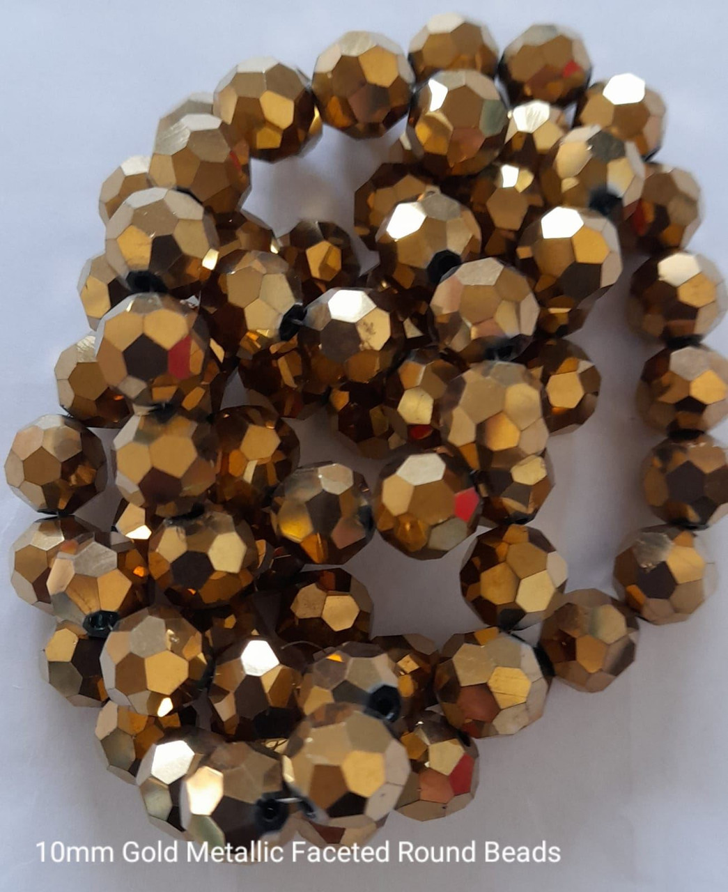 Strand of faceted round glass beads - approx 10mm, Gold Metallic, approx 30 beads, 12in