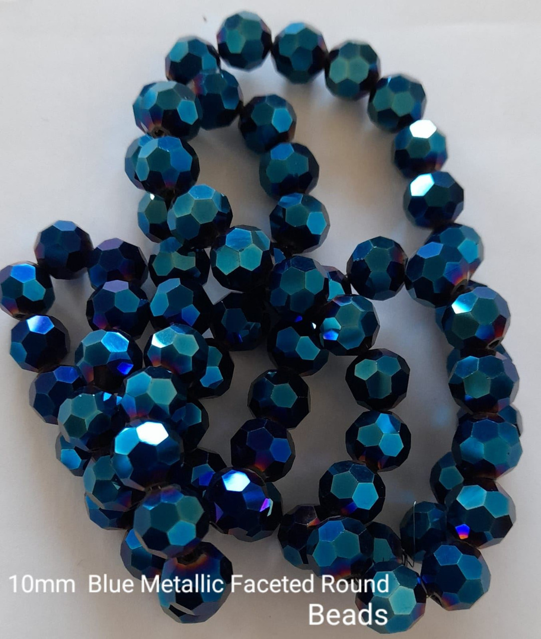 Strand of faceted round glass beads - approx 10mm, Blue Metallic, approx 30 beads, 12in