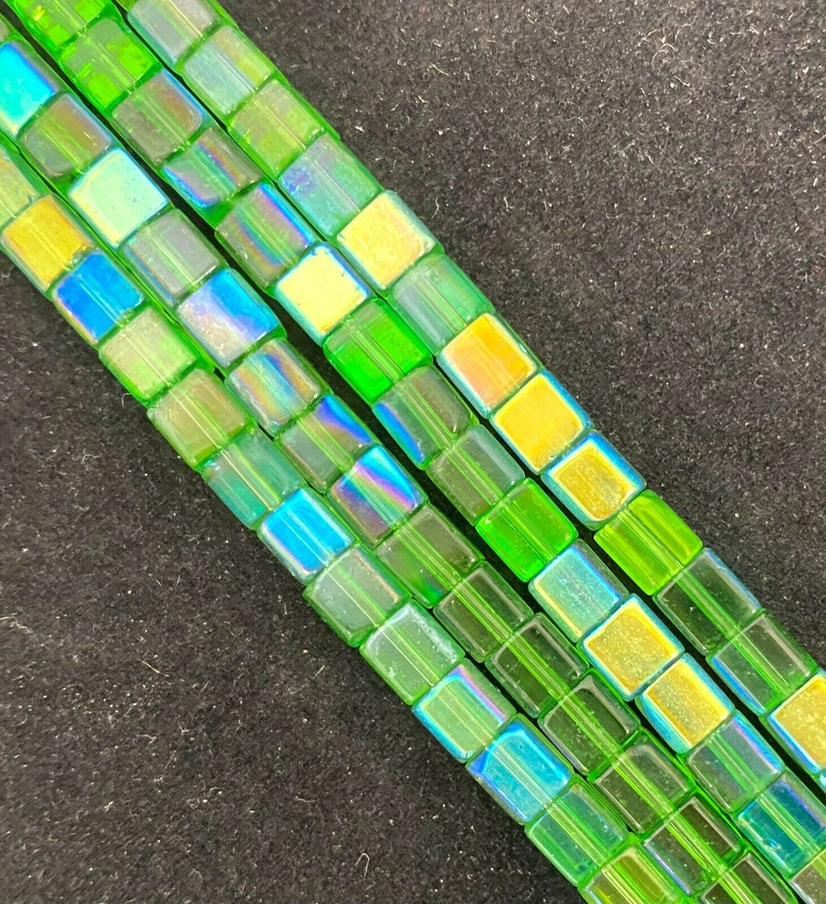 4mm Glass Cube beads - GRASS GREEN AB - approx 12" strand (75 beads)