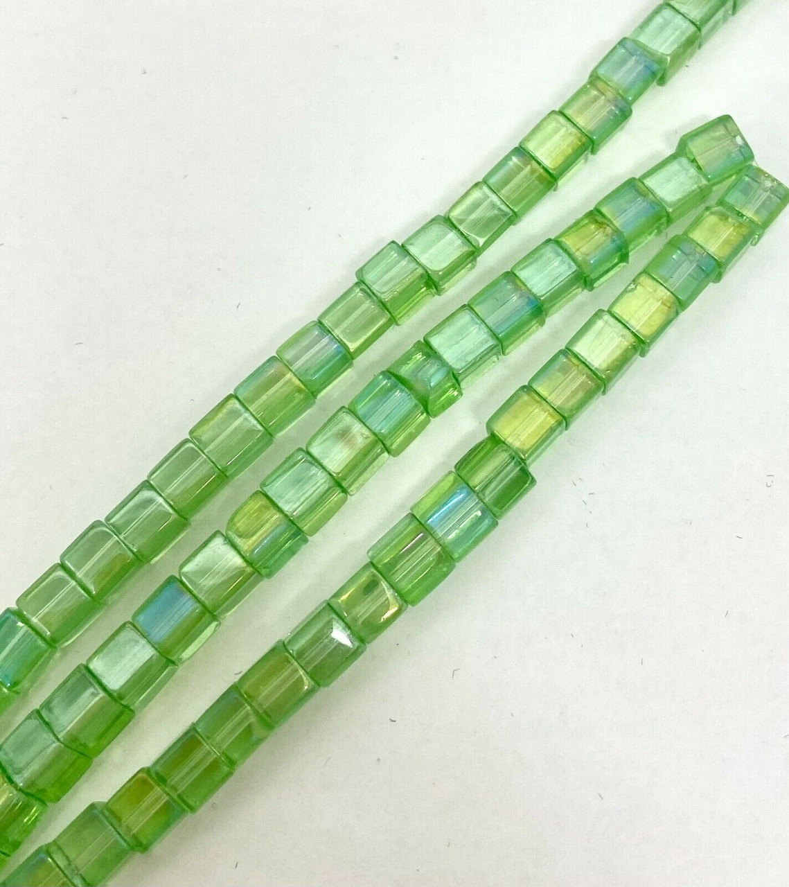 4mm Glass Cube beads - PALE GREEN AB - approx 12" strand (75 beads)