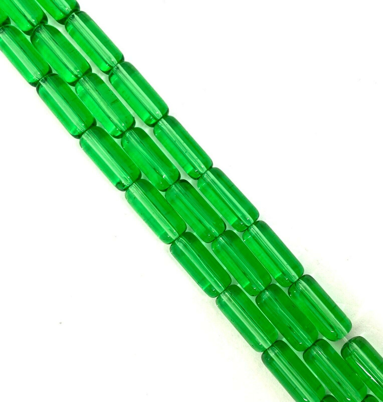 10x4mm Glass Tube Beads, GRASS GREEN, approx 12" strand, 32 beads