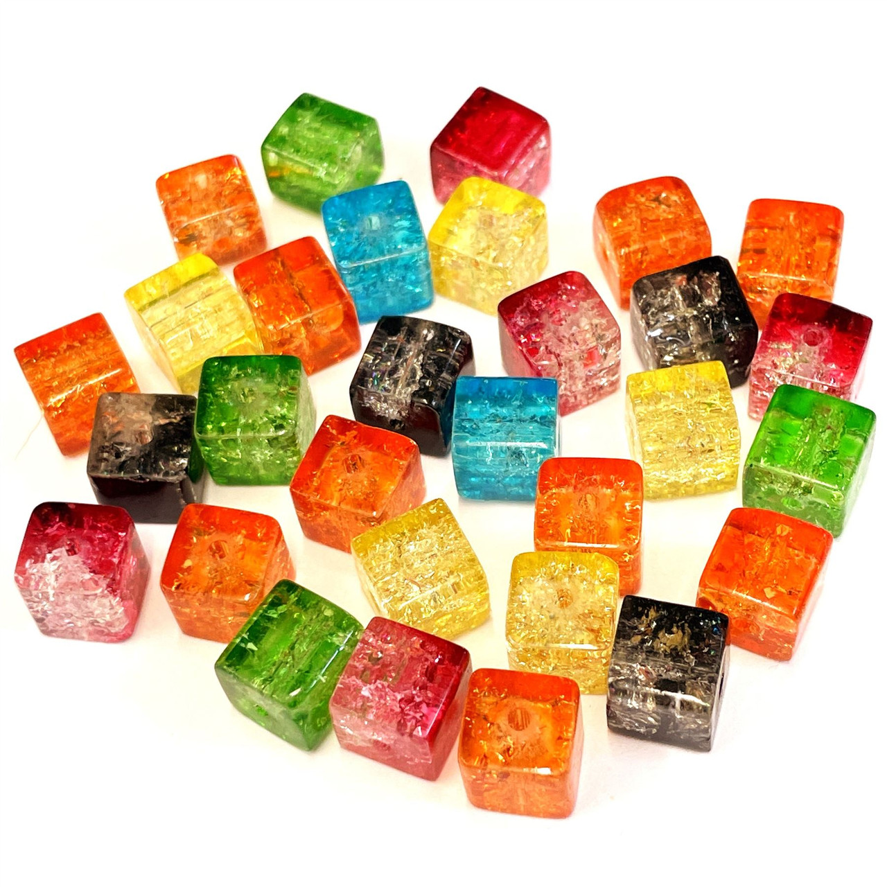 8mm Glass Cube Crackle Beads - Mixed, approx 30 beads