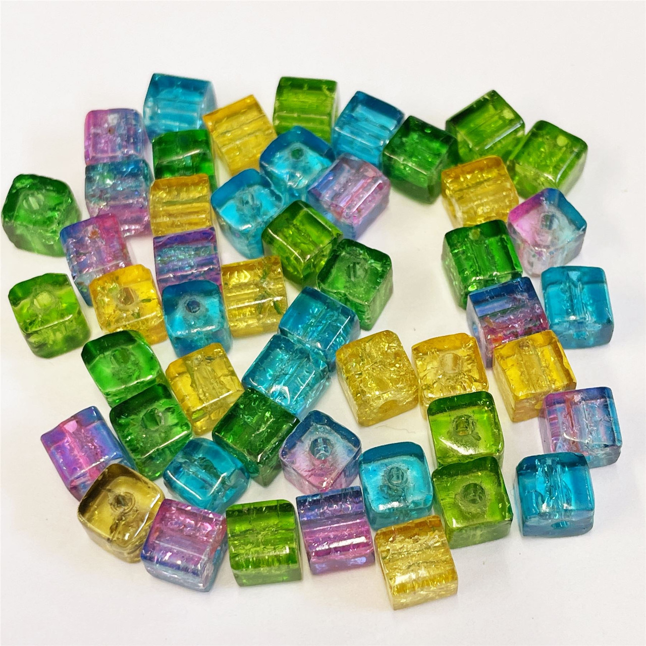 6mm Crackle Glass Cube Beads - Mixed, approx 50 beads