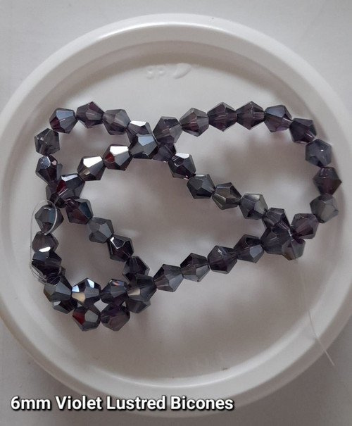 Strand of glass bicone beads - approx 6mm, Violet Lustered, approx 52 beads