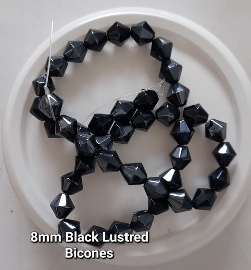 Strand of glass bicone beads - approx 8mm, Black Lustered, approx 43 beads