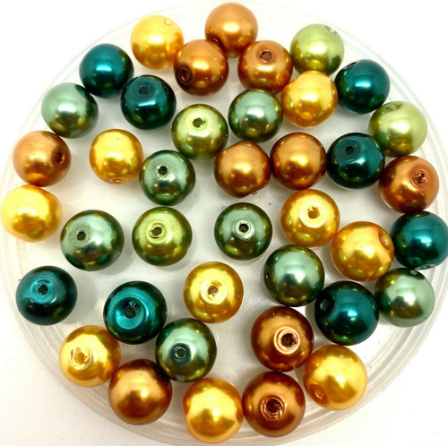 Gold & Green Mix 10mm Glass Pearls