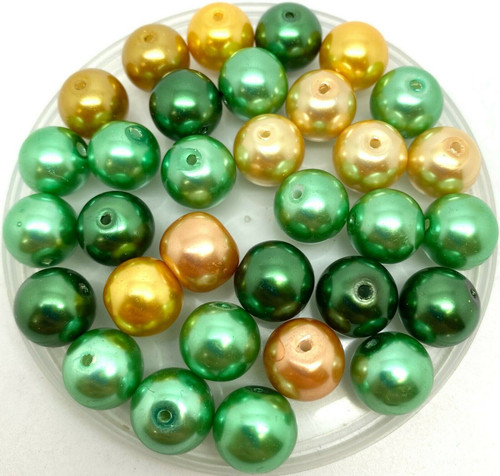 Mix of Greens & Golds 12mm Glass Pearls