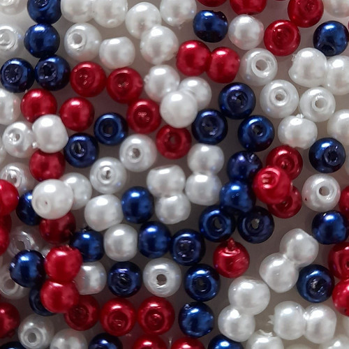 3mm Glass Faux Pearls - Union Jack Mix - Red, White & Blue (approx 220 beads)