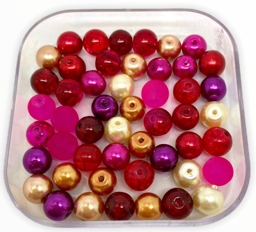 Mix of 10mm Pearl, Crackle and Frosted glass beads - Valentine / Love, approx 40 beads