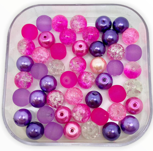 Mix of 10mm Pearl, Crackle and Frosted glass beads - Pinks & Purples, approx 40 beads