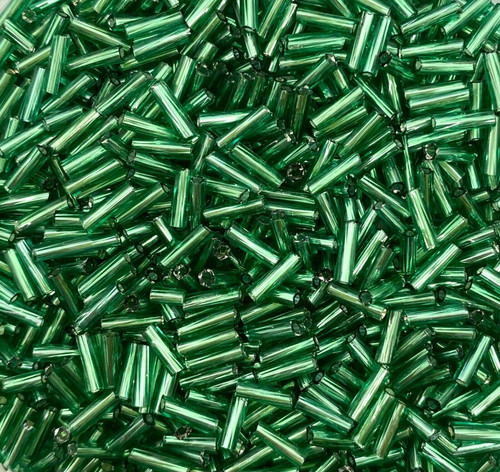 50g glass Twisted bugle beads - Green Silver-Lined - approx 6mm