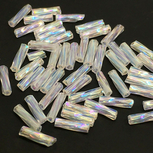 50g glass Twisted bugle beads - Clear Rainbow - approx 6mm