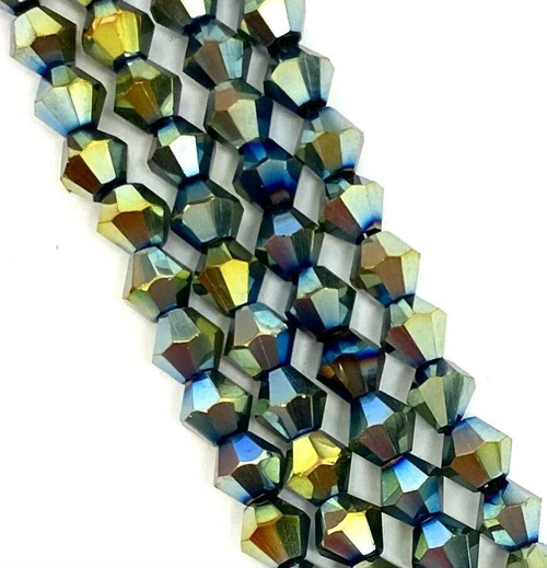 4mm Glass Bicone beads - GREEN METALLIC - approx 16" strand (110-120 beads)