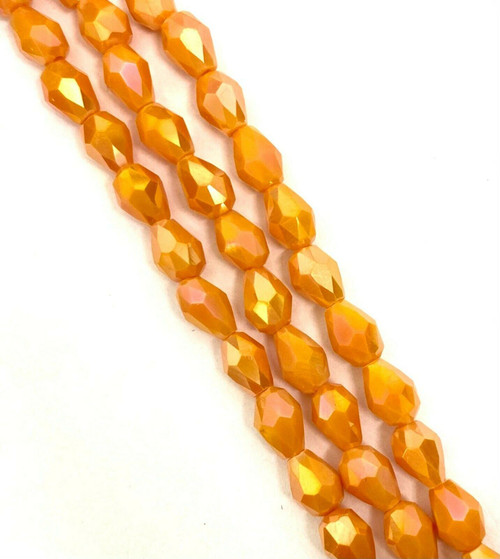 Strand of faceted drop glass beads (briolettes) - approx 6x4mm, Orange Opaque AB, approx 72 beads